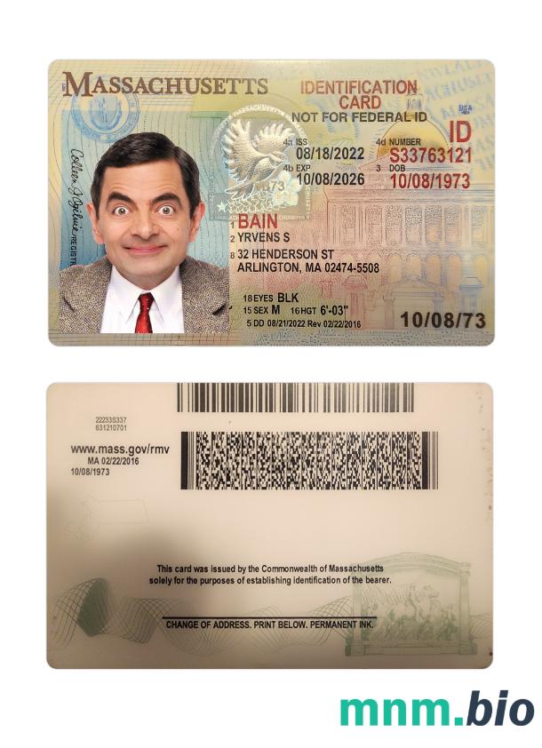 Przykład karty identyfikacyjnej stanu Massachusetts (USA) w formacie PSD, w pełni edytowalny